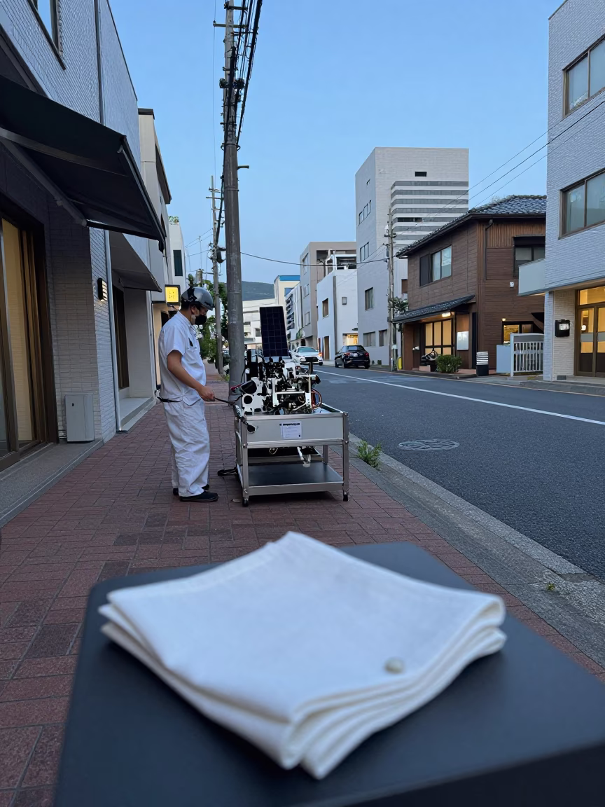 Fukuoka Japan Nautical Dawn Street Scene with Linen Napkin and Vintage Car in in Fukuoka, Japan