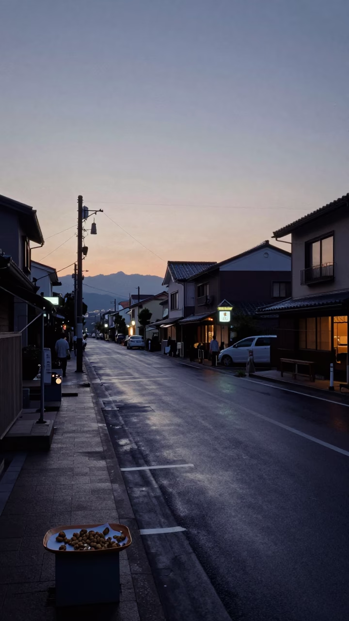 Fukuoka Japan Nautical Dawn Street Scene with Tray of Cardamom Mandazi in in Fukuoka, Japan