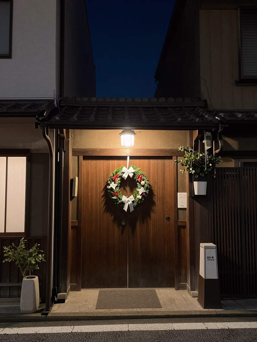 Fukuoka Japan Night Street Scene with Door Wreaths and Local Interaction in in Fukuoka, Japan