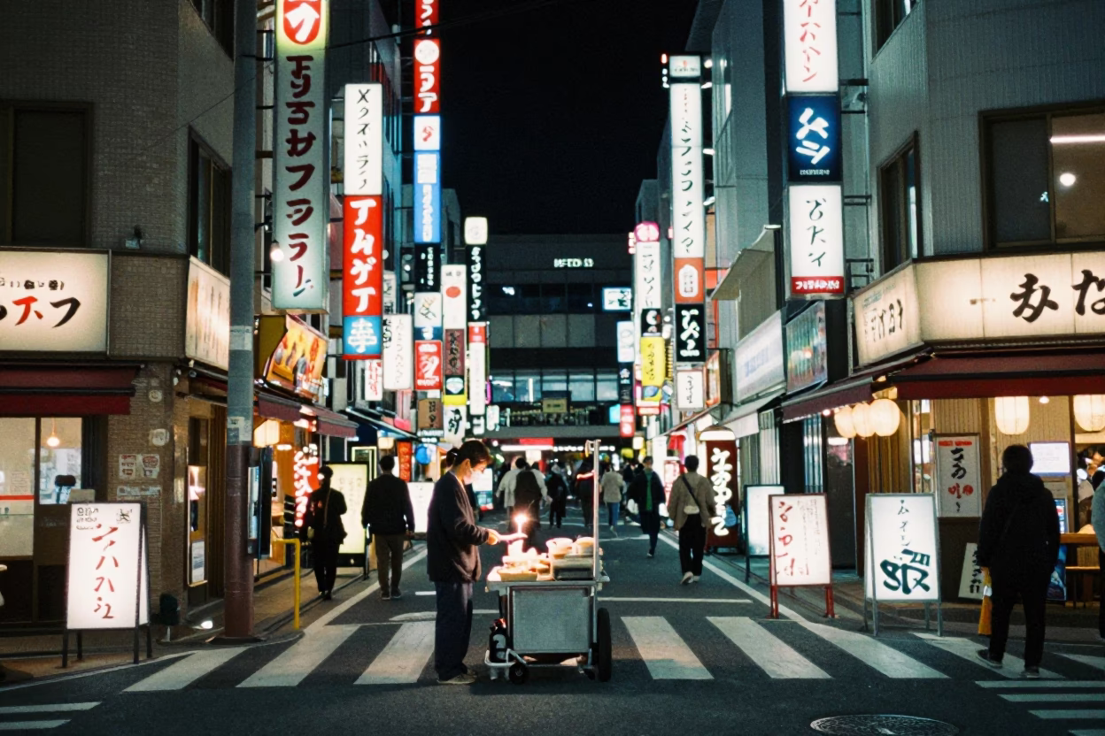 Fukuoka Japan Night Street Scene with Neon Lights and Street Food Vendor in in Fukuoka, Japan