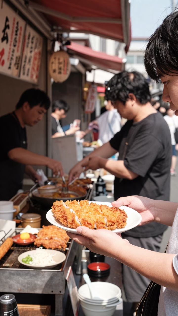 Fukuoka Japan noon street food scene with tonkatsu plate and casual dining in in Fukuoka, Japan