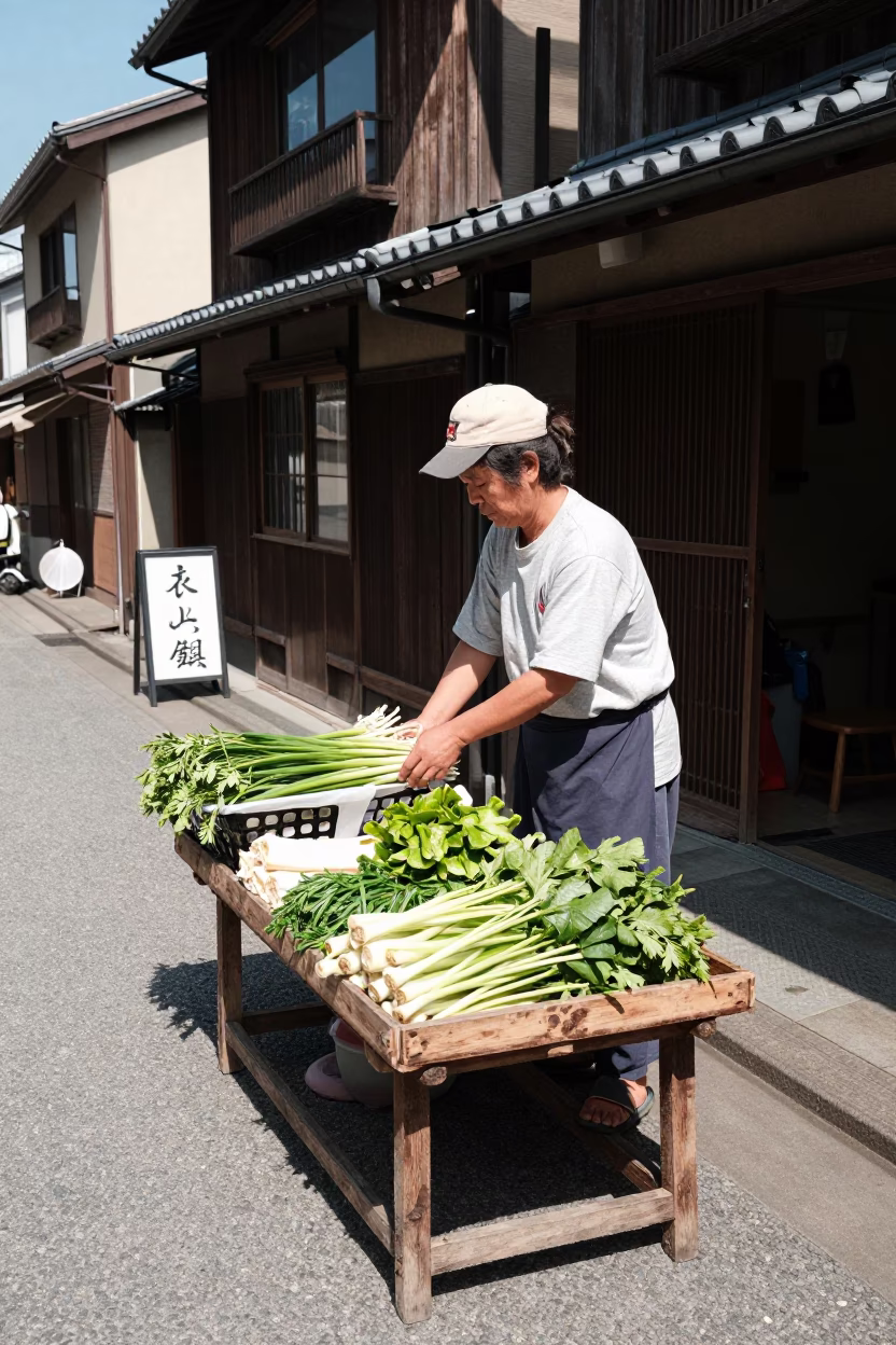 Fukuoka Japan Noon Street Scene with Local Vendor and Wooden Tray in in Fukuoka, Japan