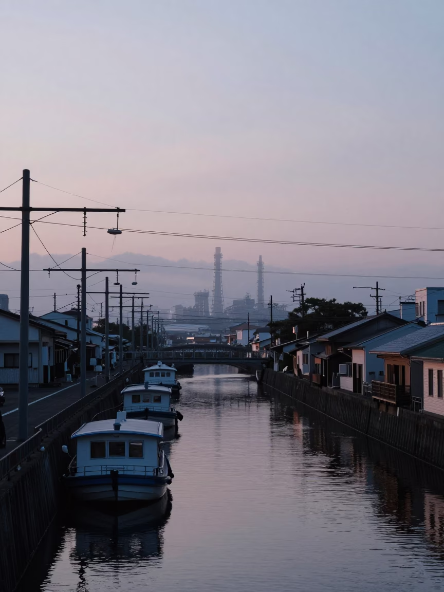 Fukuoka Japan Pre-Dawn Catenary Lines and Canal Houseboats Before Sunrise in in Fukuoka, Japan