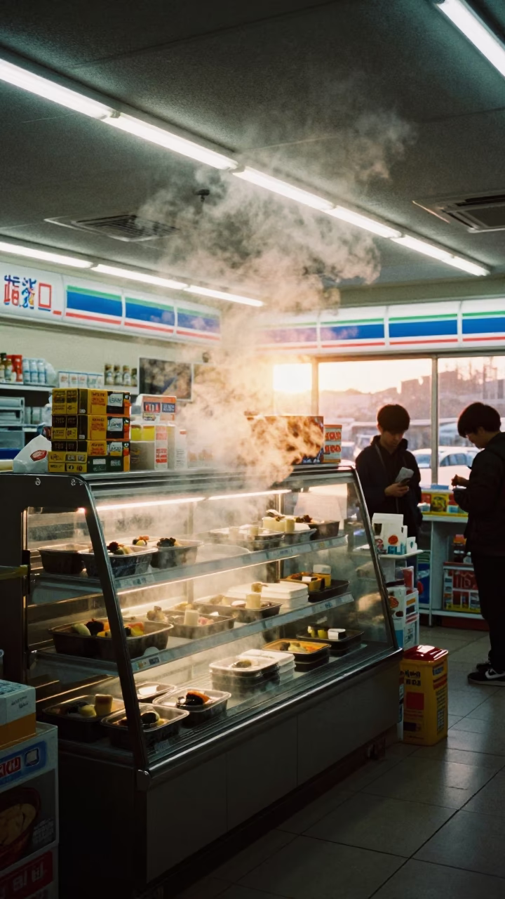 Fukuoka Japan Pre-Dawn Convenience Store Interior with Steam and Morning Supplies in in Fukuoka, Japan