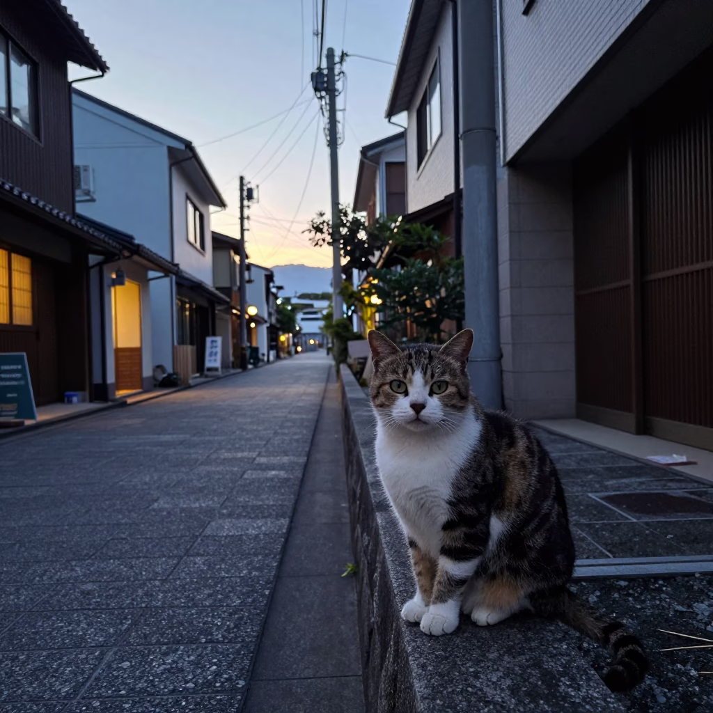 Fukuoka Japan Pre-Dawn Street Scene with American Shorthair Cat and Rainy Cobblestone Reflections in in Fukuoka, Japan