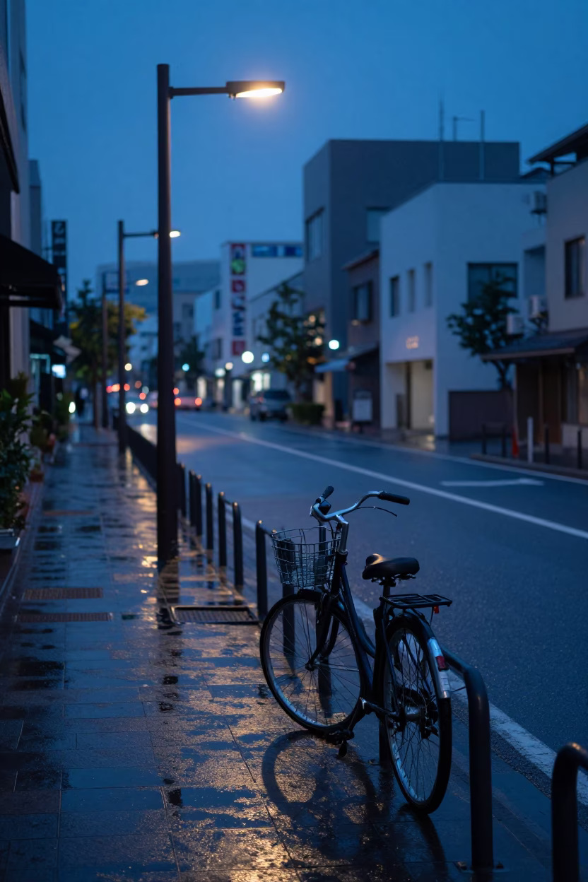 Fukuoka Japan Pre-Dawn Street Scene with Bicycle and Urban Details in in Fukuoka, Japan