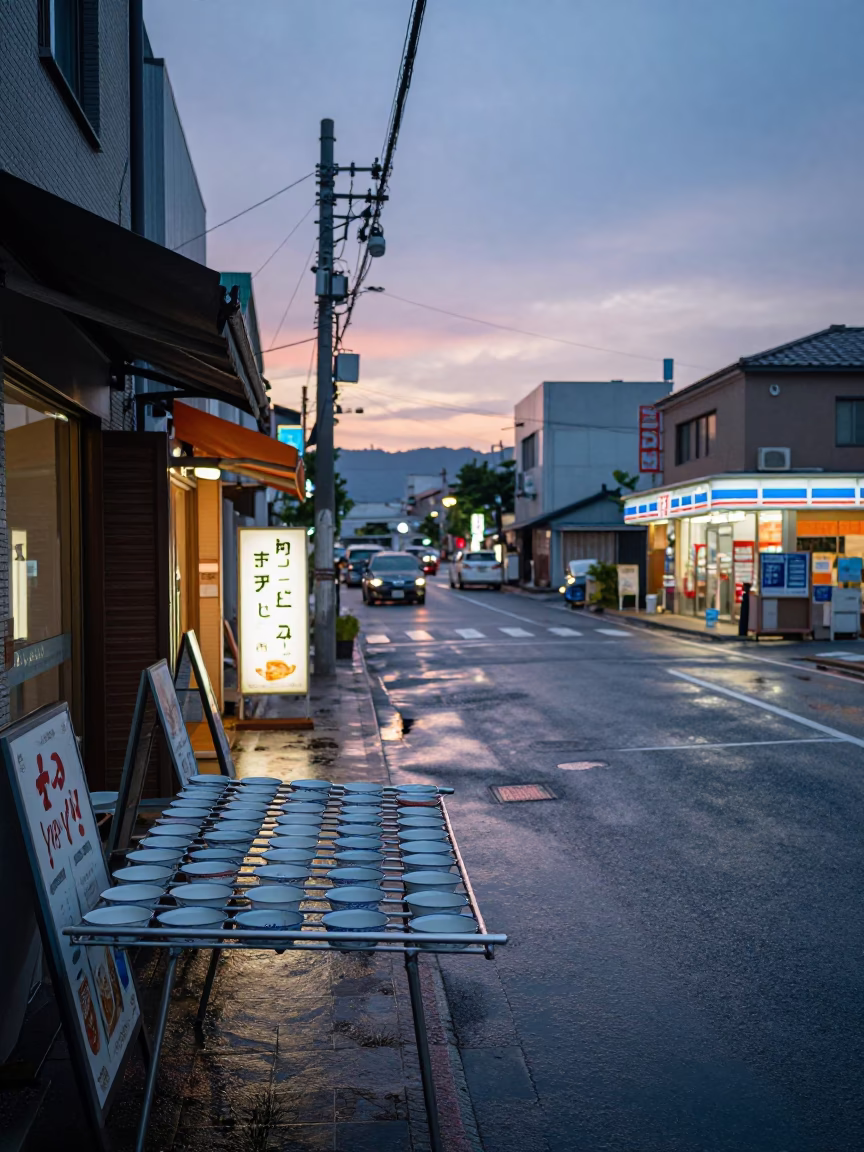 Fukuoka Japan Pre-Dawn Street Scene with Drying Rack and Enamel Bowls in in Fukuoka, Japan