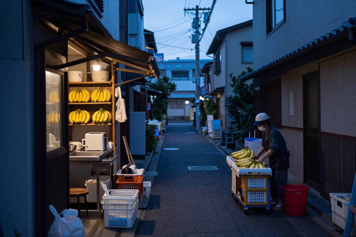 Fukuoka Japan pre-dawn street scene with kitchen shelves and bananas in in Fukuoka, Japan