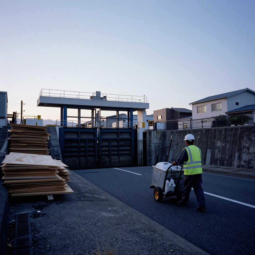 Fukuoka Japan Pre-Dawn Street Scene with Levee Floodgate Plywood and Sandbags in in Fukuoka, Japan