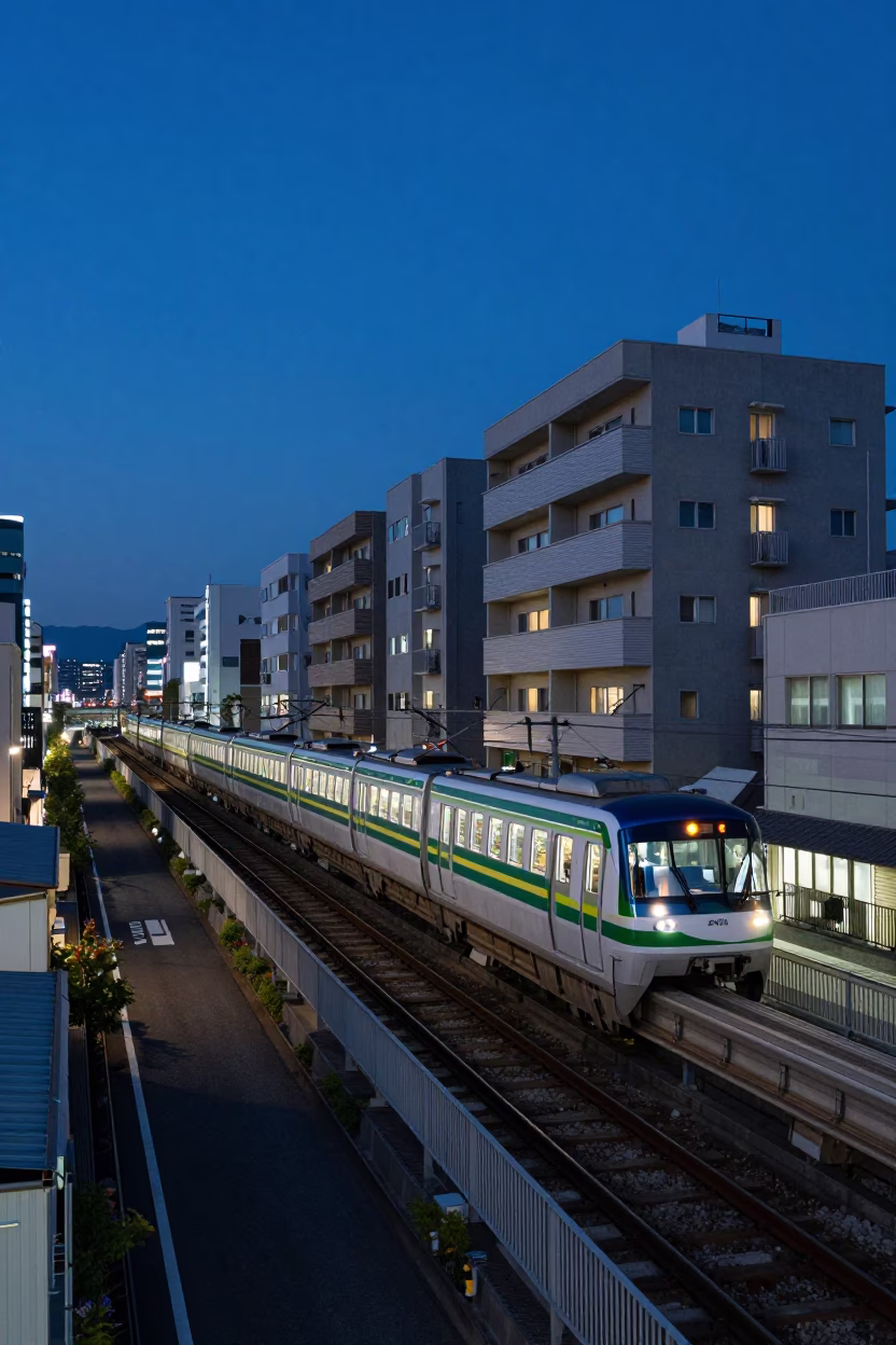 Fukuoka Japan pre-dawn street scene with monorail reflection and district heating pipes in in Fukuoka, Japan