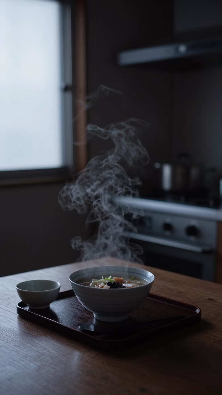 Fukuoka Japan Predawn Kitchen Scene with Steam Haze and Vintage Kitchen Timer in in Fukuoka, Japan
