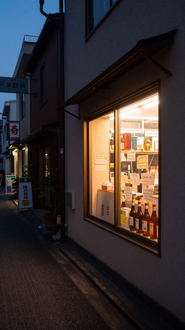Fukuoka Japan Predawn Street Scene with Convenience Store Window and Handwritten Notes in in Fukuoka, Japan