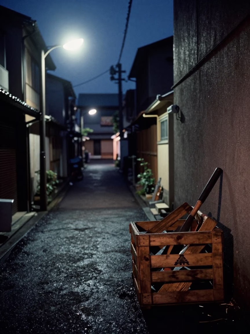 Fukuoka Japan Predawn Street Scene with Crate and Linocut Gouge in 1970s Realism in in Fukuoka, Japan