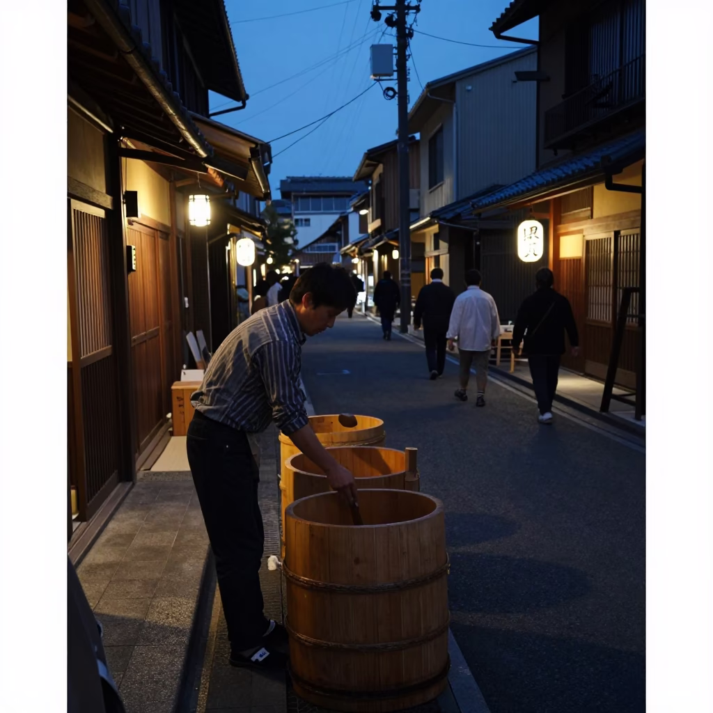 Fukuoka Japan Predawn Street Scene with Sake Brewer and Traditional Elements in in Fukuoka, Japan