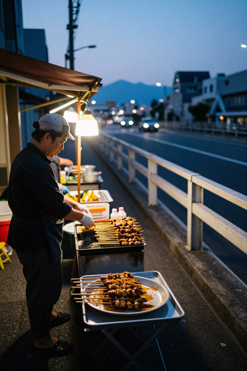 Fukuoka Japan predawn street scene with suya skewers and bridge pier in water in in Fukuoka, Japan