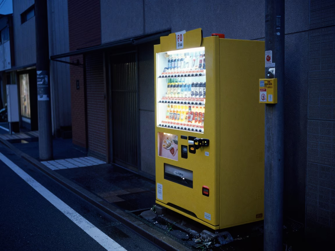 Fukuoka Japan predawn street scene with vending machine and wet pavement in in Fukuoka, Japan