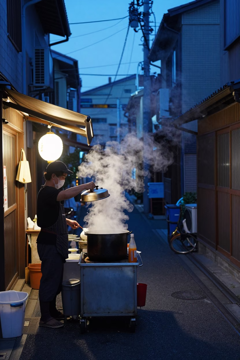 Fukuoka Japan street scene at blue hour with bottle and steam from food stall in in Fukuoka, Japan