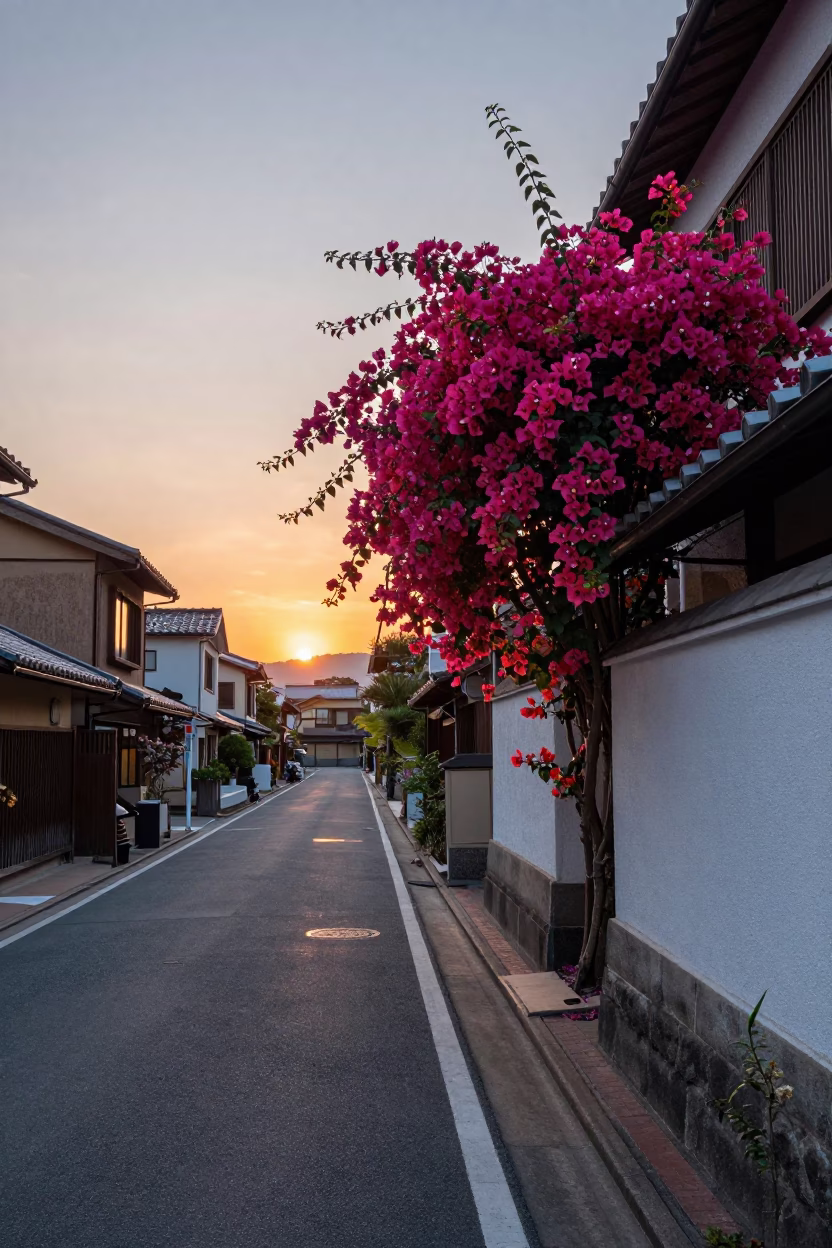 Fukuoka Japan Street Scene at Dusk with Bougainvillea and Vintage Life in in Fukuoka, Japan