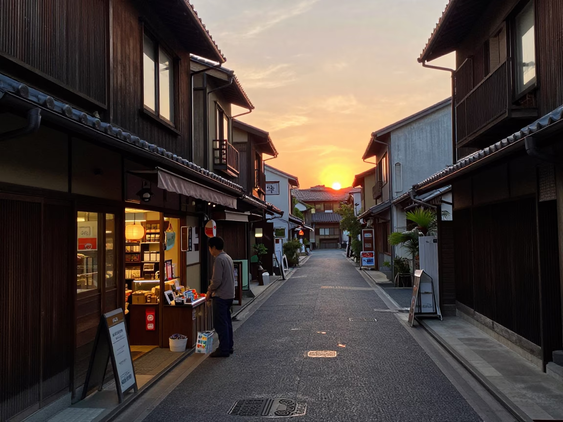 Fukuoka Japan Street Scene at Dusk with Local Shopkeeper and Rain Boots in in Fukuoka, Japan