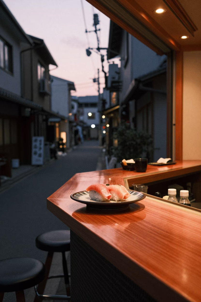 Fukuoka Japan Street Scene at Dusk with Sushi Plate and Paperback Books in in Fukuoka, Japan