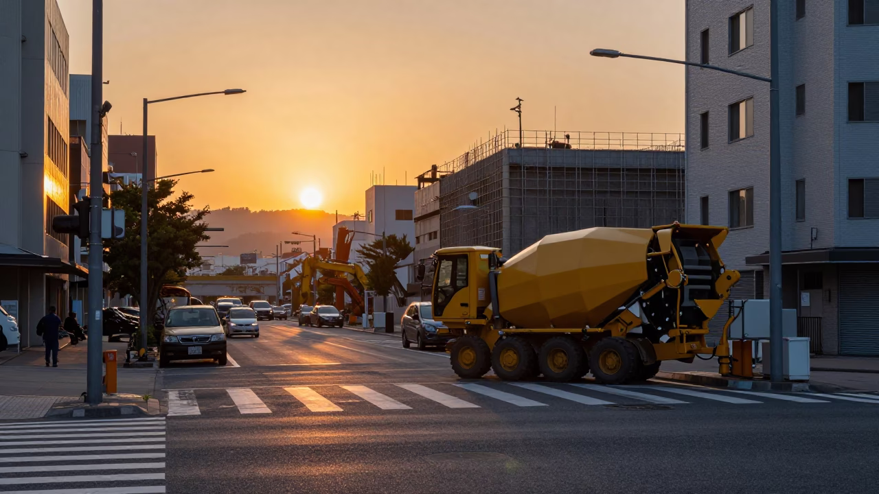 Fukuoka Japan Street Scene at Sunset with Construction Equipment and Urban Life in in Fukuoka, Japan