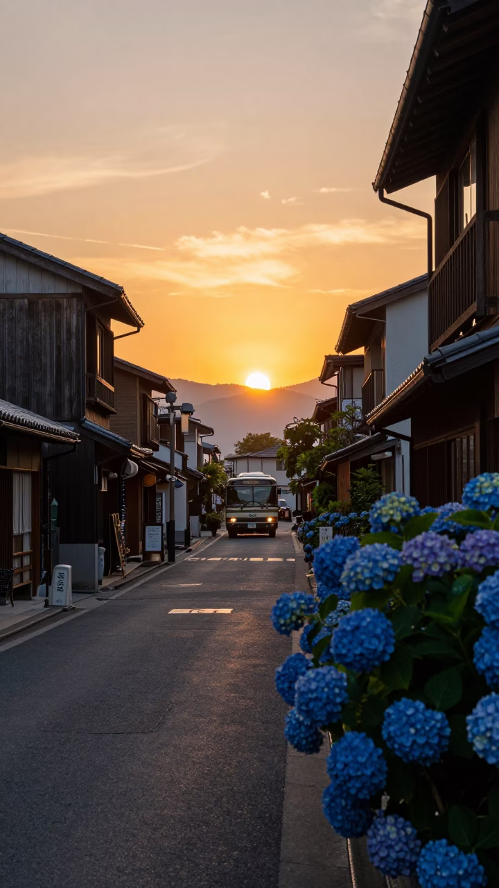 Fukuoka Japan Street Scene at Sunset with Hydrangea Bush and Classic Bus in in Fukuoka, Japan