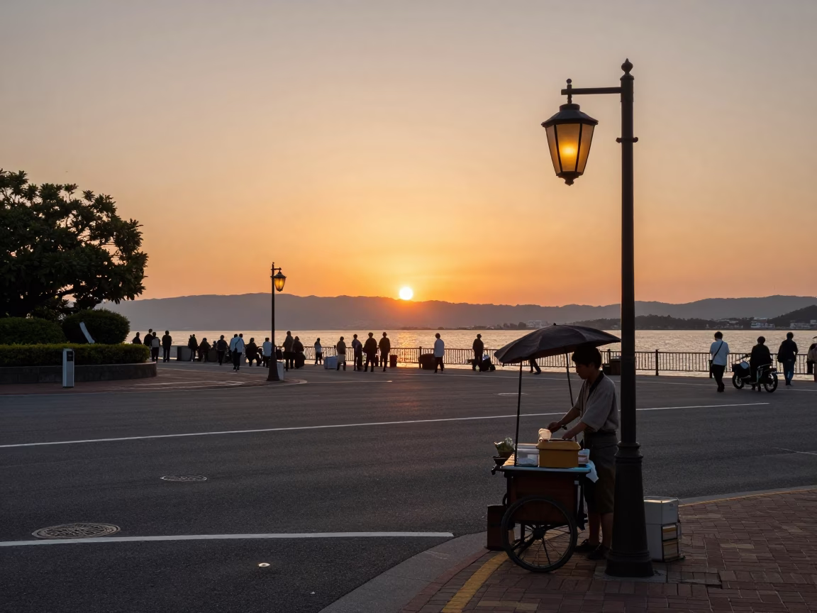 Fukuoka Japan Street Scene at Sunset with Vintage Lantern and Urban Life in in Fukuoka, Japan