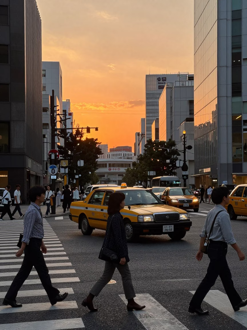 Fukuoka Japan street scene at sunset with yellow taxi and pedestrians near substation fence in in Fukuoka, Japan