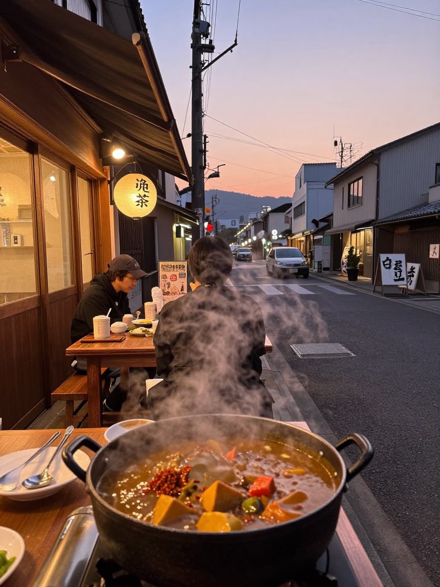 Fukuoka Japan Street Scene Before Dusk with Local Dining and Urban Details in in Fukuoka, Japan