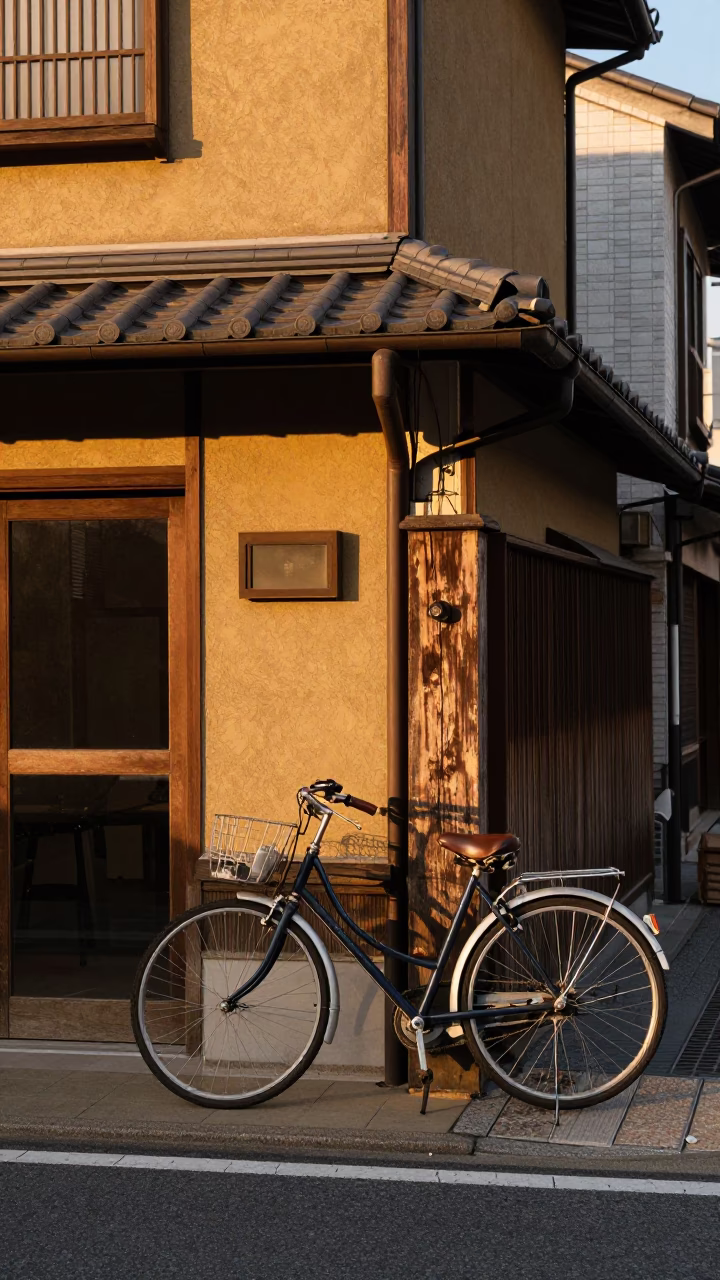 Fukuoka Japan Street Scene Golden Hour Bicycle Parked Near Traditional Shop in in Fukuoka, Japan