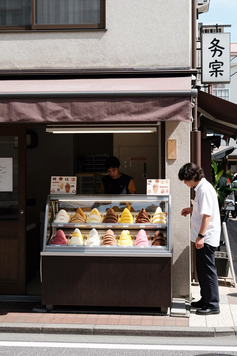 Fukuoka Japan street scene noon light with gelato display and pedestrians in in Fukuoka, Japan