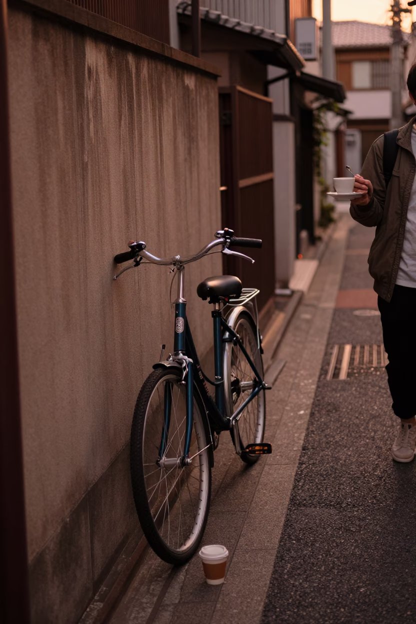 Fukuoka Japan Street Scene with Bicycle and Coffee Cupper in Copper Dusk Light in in Fukuoka, Japan