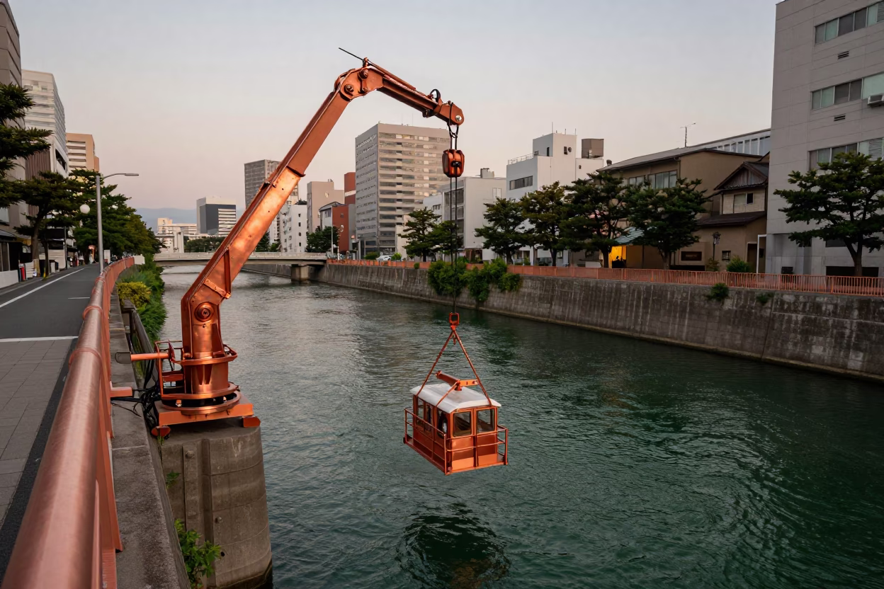 Fukuoka Japan Street Scene with Bridge Maintenance Cradle and Urban Evening Light in in Fukuoka, Japan