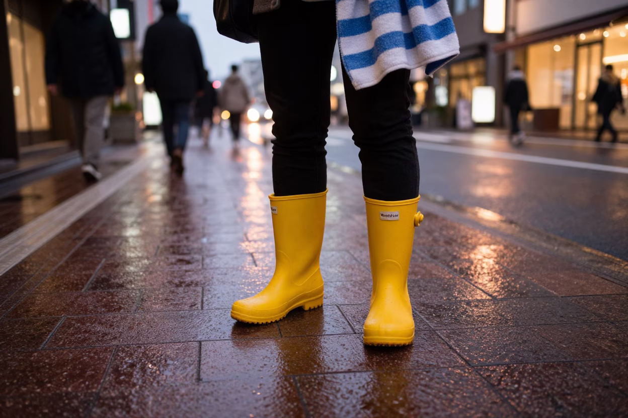 Fukuoka Japan street scene with rain boots and striped towel in copper dusk light in in Fukuoka, Japan
