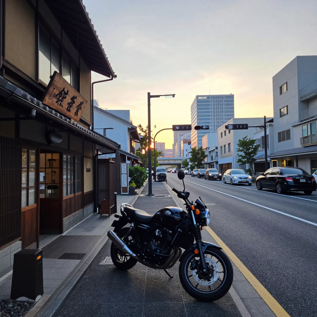Fukuoka Japan Sunrise Street Scene with Motorcycle and Urban Landscape in in Fukuoka, Japan