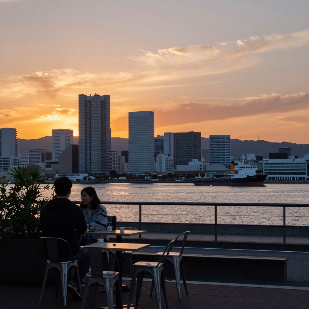 Fukuoka Japan Sunset Harbor View with Metal Stools and City Skyline in in Fukuoka, Japan