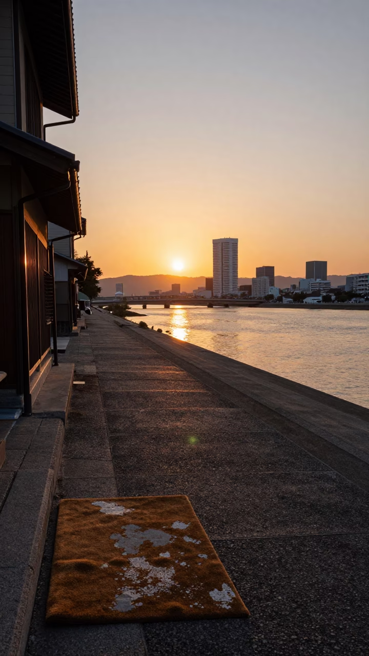 Fukuoka Japan Sunset Horizon Shot of Urban Coastline and Traditional Architecture in in Fukuoka, Japan
