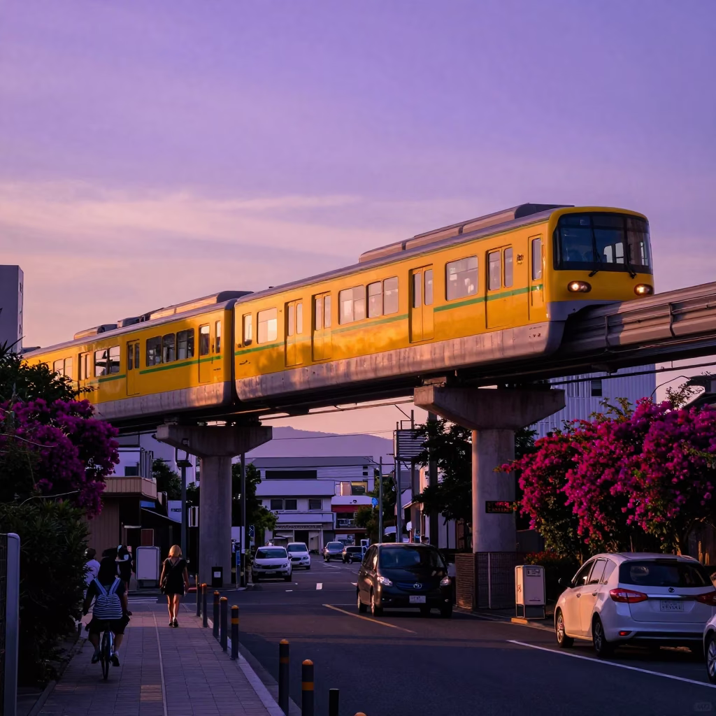 Fukuoka Japan Sunset Monorail and Bougainvillea Street Scene in in Fukuoka, Japan