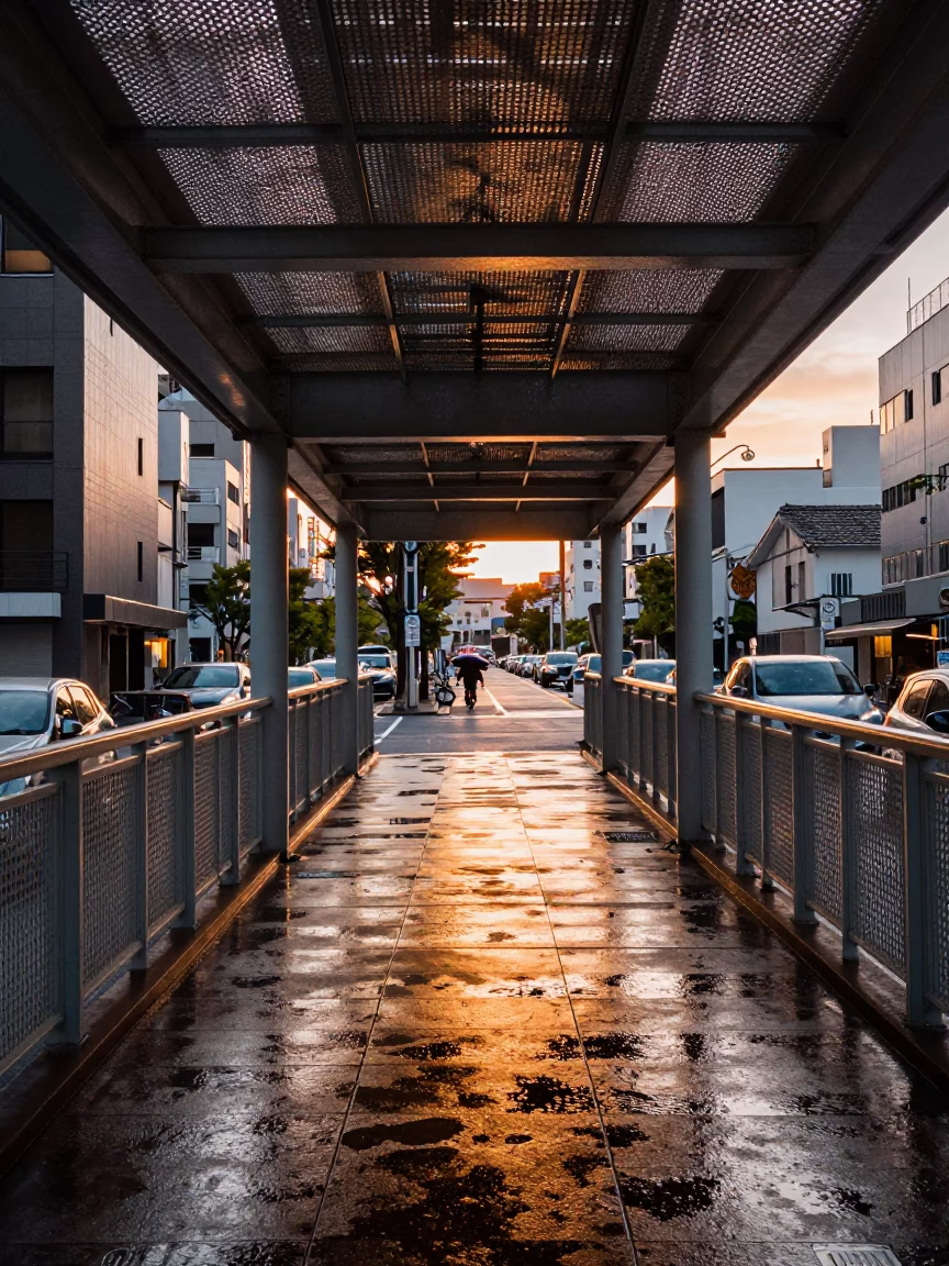 Fukuoka Japan Sunset Pedestrian Overpass Wet Footsteps Perforated Metal City Life in in Fukuoka, Japan