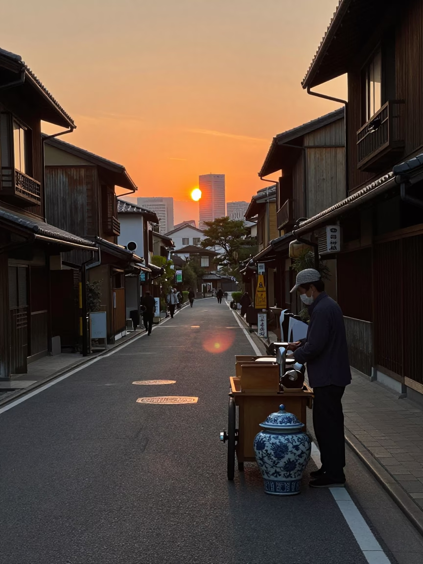 Fukuoka Japan Sunset Street Scene with Blue Porcelain Jar and Clay Teapot in in Fukuoka, Japan