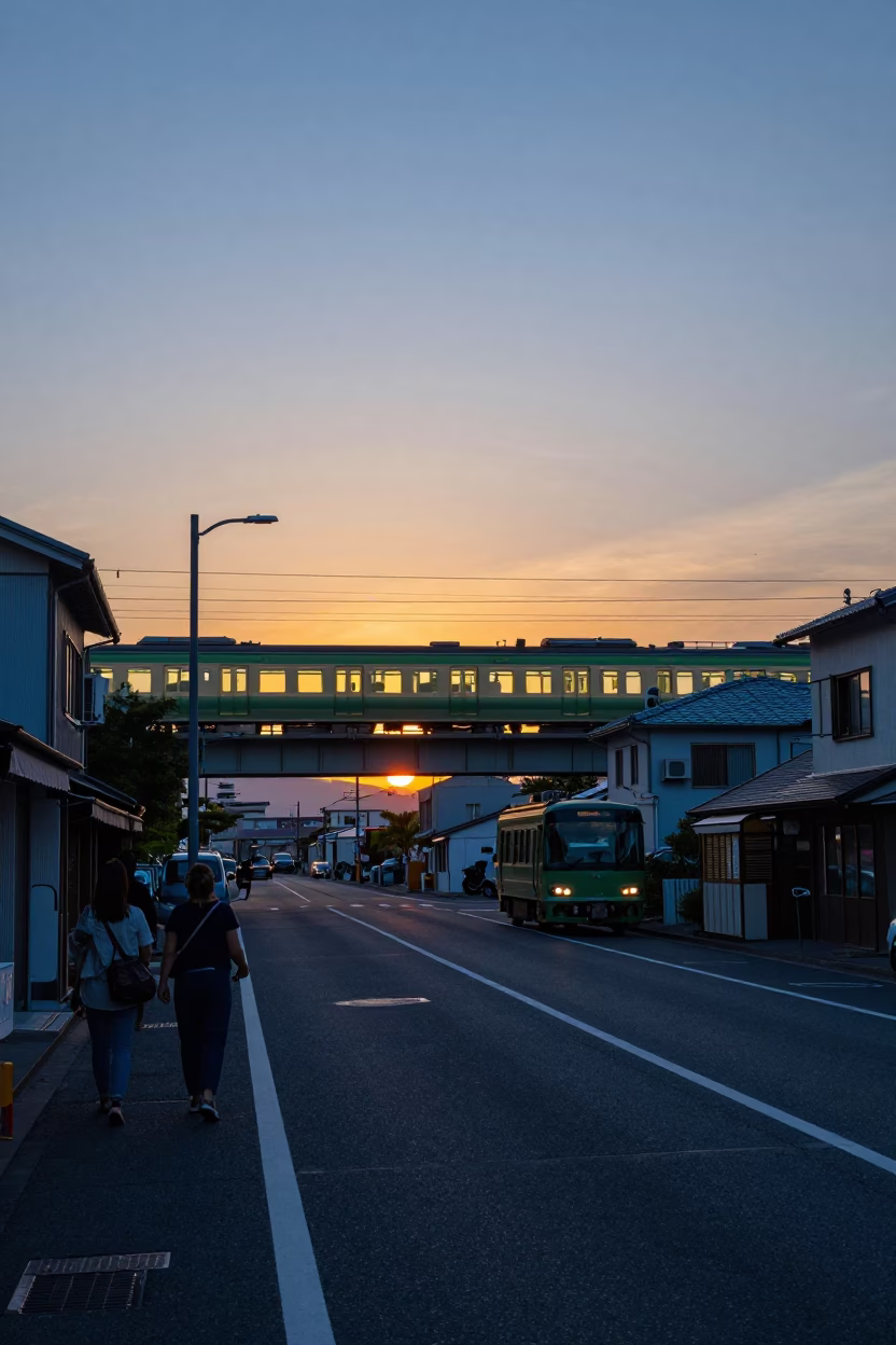 Fukuoka Japan Sunset Street Scene with Commuter Train and Local Dining in in Fukuoka, Japan