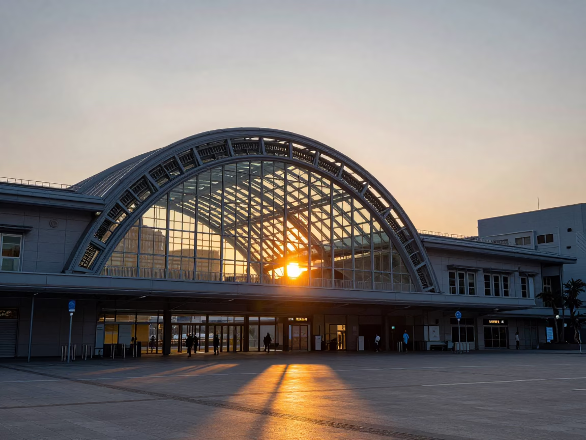 Fukuoka Japan Sunset Street Scene with Glass Steel Train Station Arched Roof in in Fukuoka, Japan