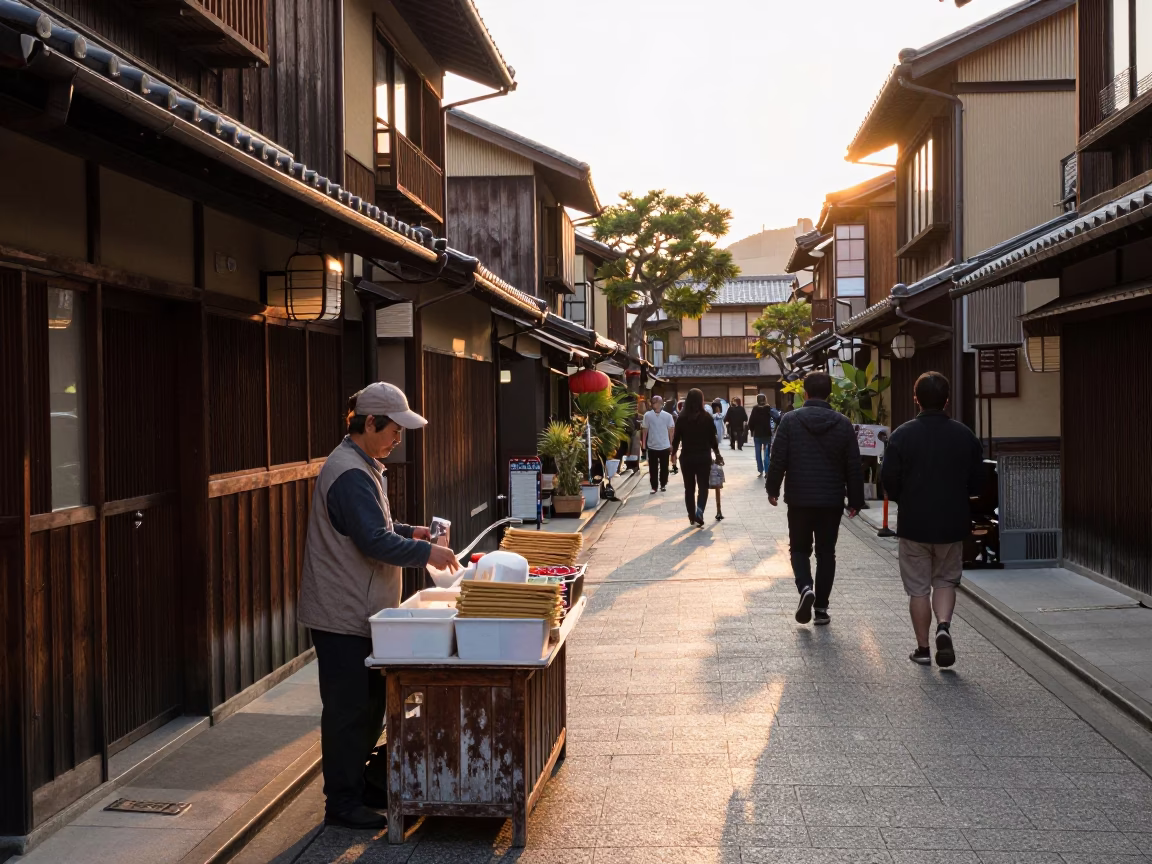 Fukuoka Japan Sunset Street Scene with Lemongrass Vendor and Traditional Architecture in in Fukuoka, Japan