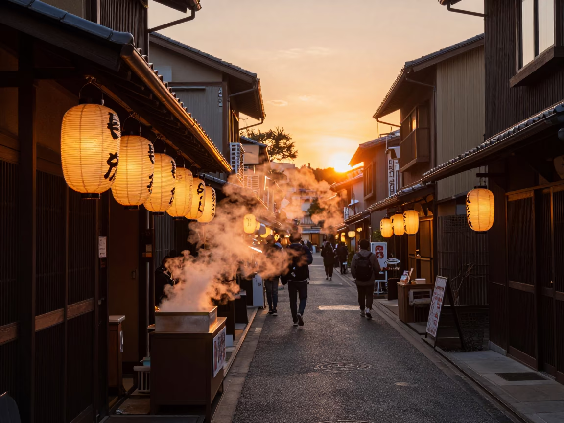 Fukuoka Japan Sunset Street Scene with Paper Lanterns and Steam Haze in in Fukuoka, Japan