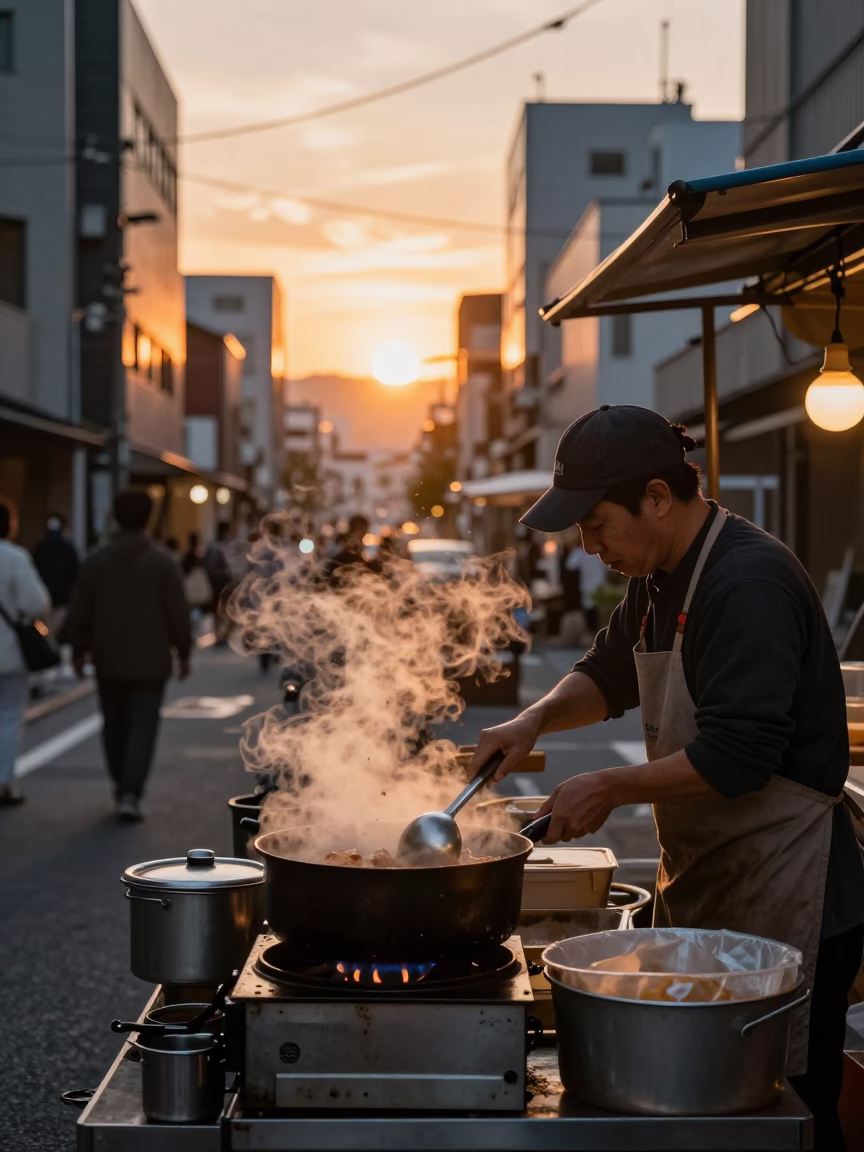 Fukuoka Japan Sunset Street Scene with Saucepan and Urban Life in in Fukuoka, Japan