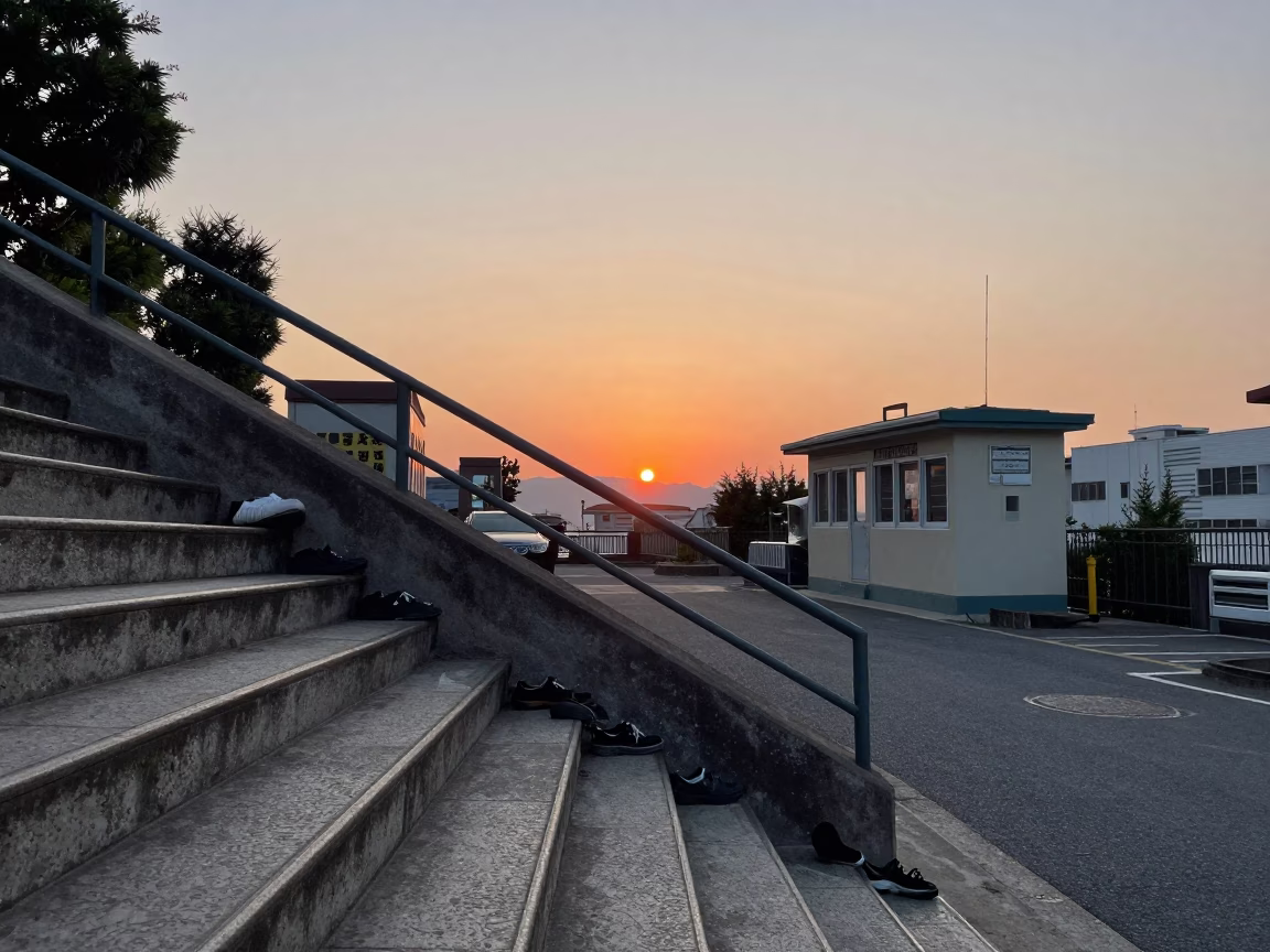 Fukuoka Japan Sunset Street Scene with School Staircase and Substation Insulators in in Fukuoka, Japan