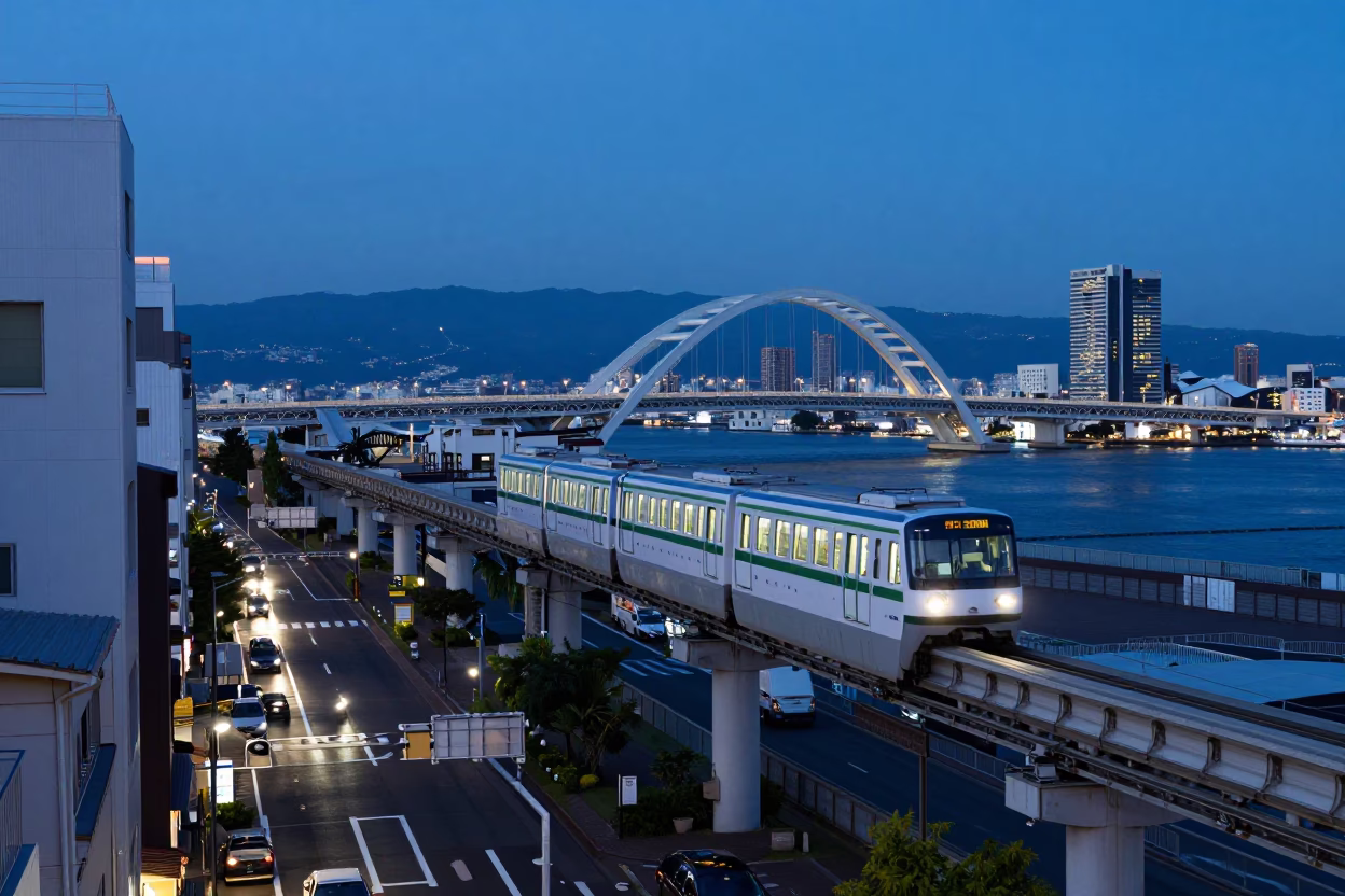 Fukuoka Japan Twilight Monorail and Bridge Maintenance Cage Street Scene in in Fukuoka, Japan
