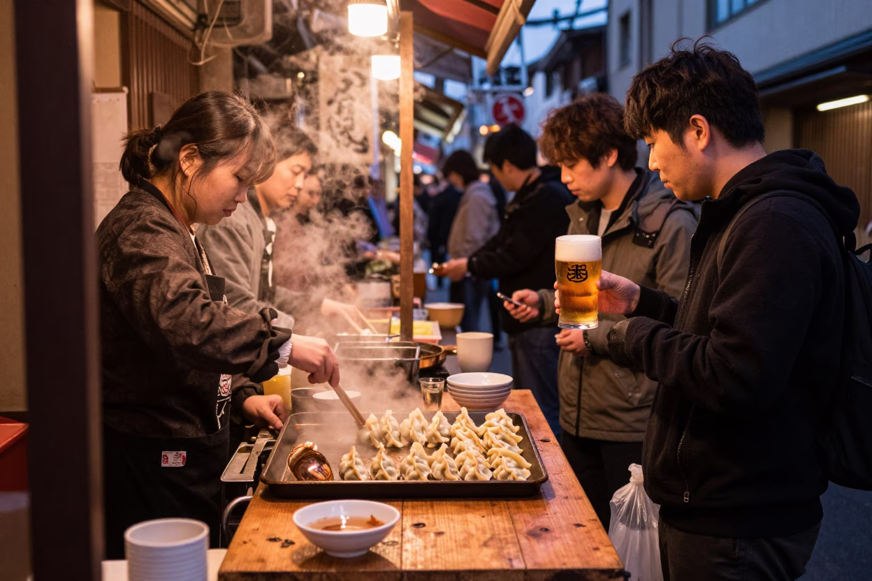Fukuoka Japan Yatai Night Market Gyoza and Beer in Copper Dusk Light in in Fukuoka, Japan