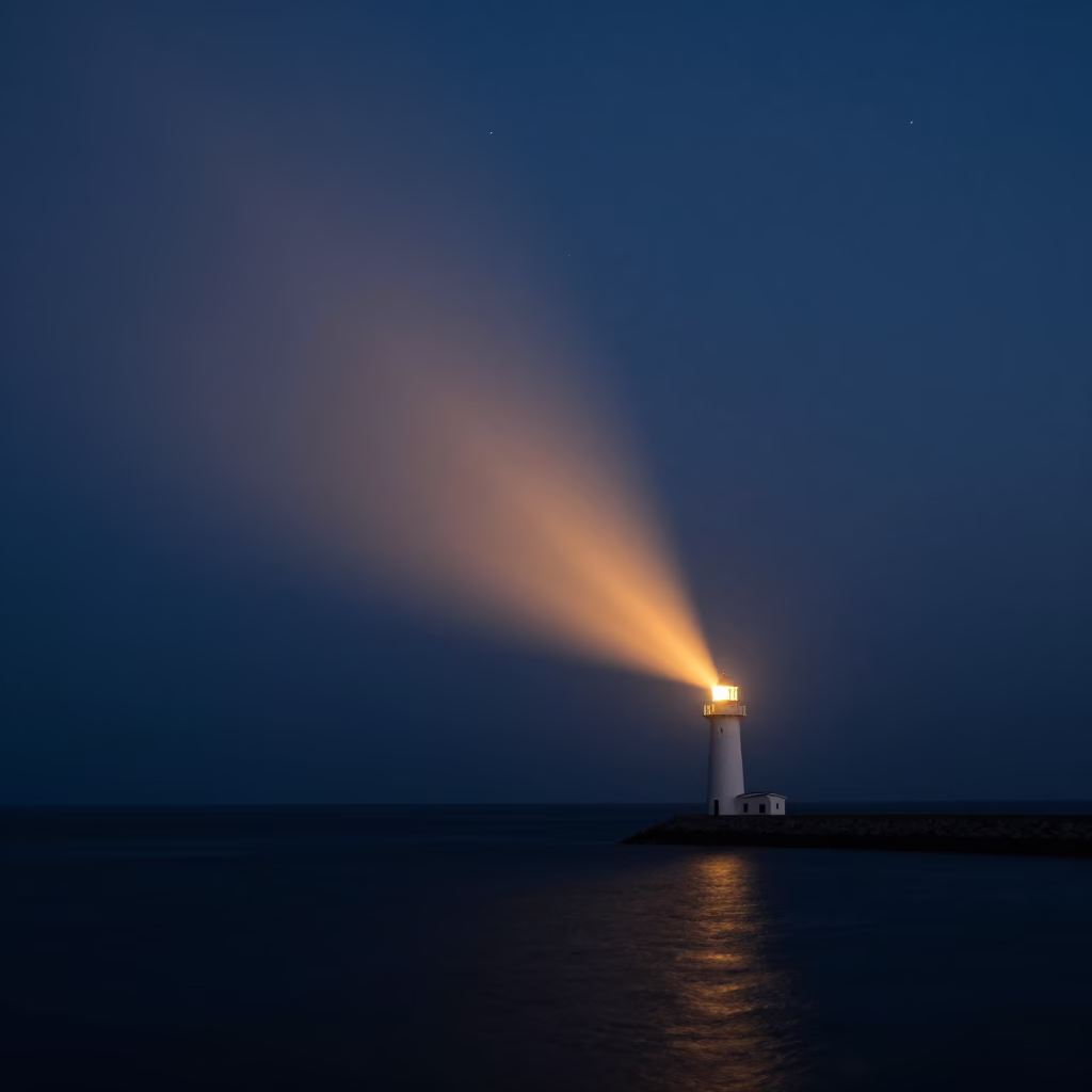 Fukuoka Lighthouse Beam Piercing Autumn Fog in beneath thin cloud gaps and stars near Fukuoka
