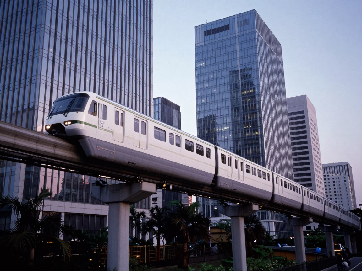 Fukuoka Monorail Gliding Past Palm Trees and Glass Towers in Early Evening Light in in Fukuoka, Japan